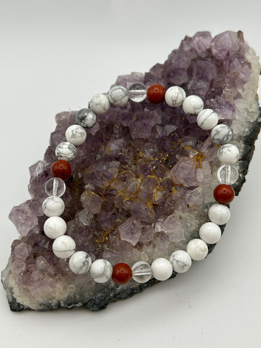 Edelsteinarmband Magnesit mit Jaspis rot und Bergkristall