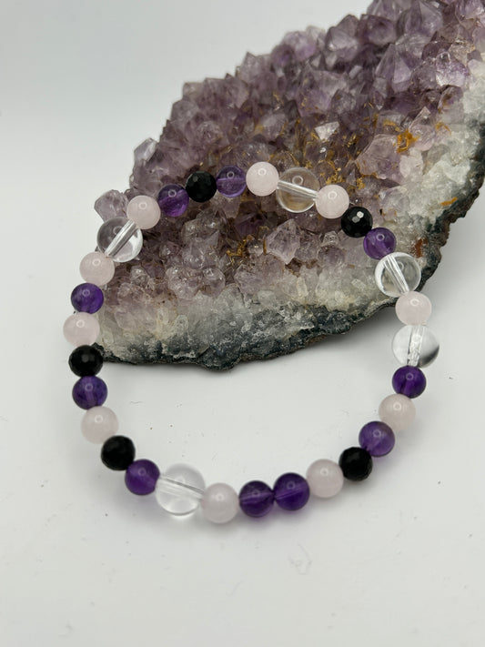 Edelsteinarmband Bergkristall mit Amethyst, Rosenquarz und Turmalin schwarz