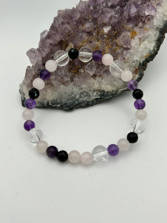 Edelsteinarmband Bergkristall mit Amethyst, Rosenquarz und Turmalin schwarz