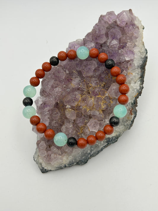 Edelsteinarmband Jaspis rot mit Chrysopras und Turmalin schwarz
