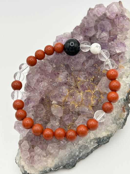 Edelsteinarmband Jaspis rot mit Bergkristall und Magnesit