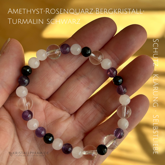 Edelsteinarmband Bergkristall mit Amethyst, Rosenquarz und Turmalin schwarz