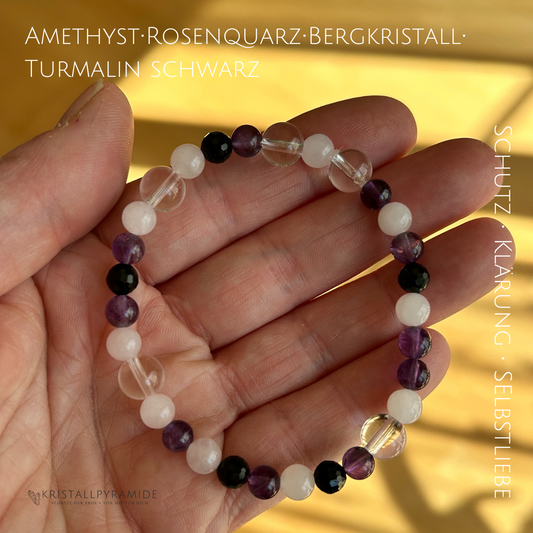 Edelsteinarmband Bergkristall mit Amethyst, Rosenquarz und Turmalin schwarz