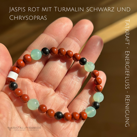 Edelsteinarmband Jaspis rot mit Chrysopras und Turmalin schwarz