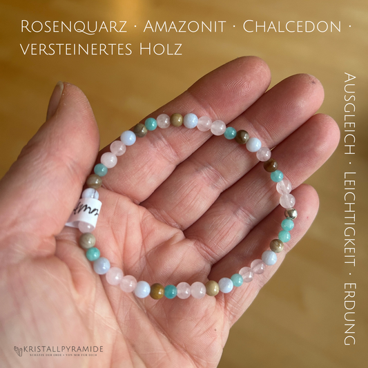 Edelsteinarmband Rosenquarz mit Amazonit, Chalcedon und versteinertem Holz