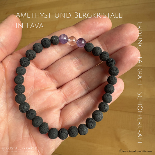 Edelsteinarmband Amethyst und Bergkristall in Lava